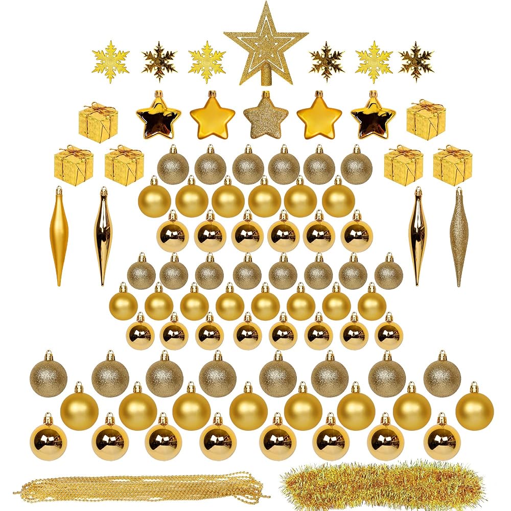Lulu Home Assorted Christmas Tree Ornaments Set, 90 Pieces Including Balls Shuttle Five-Pointed Star Snowflakes Tree Top Star Mini Gift Boxes Tinsel Garland Bead Chain, Pre-Strung