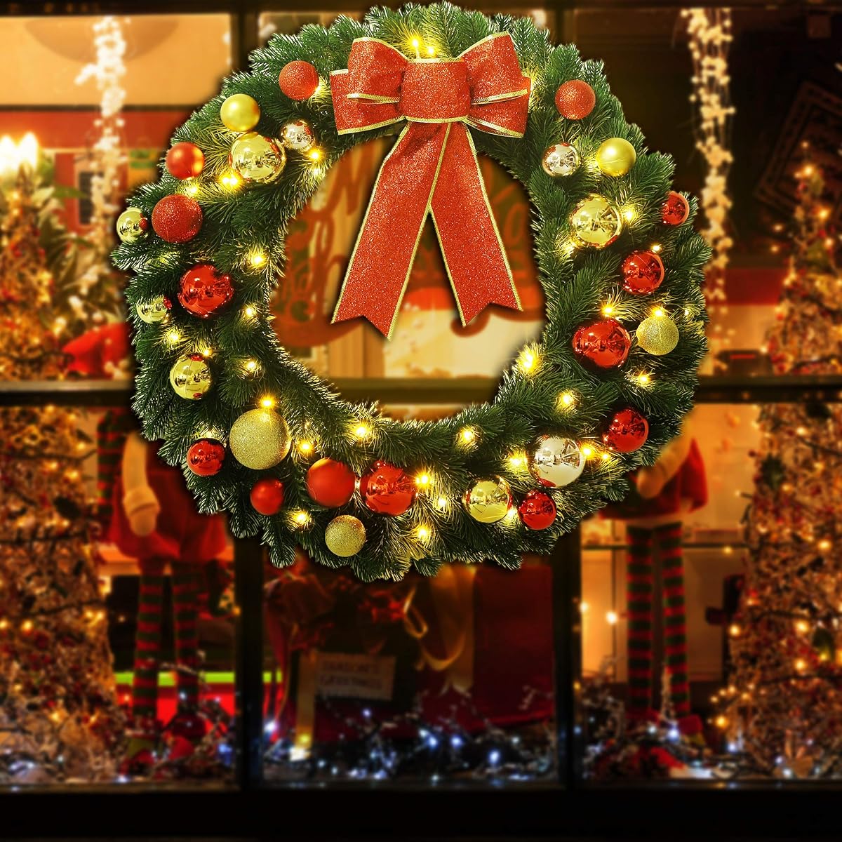 Lulu Home 24 Inch Pre-lit Christmas Wreath with Hook, Battery Operated Christmas Wreath Decorative Christmas Balls Hanging Ornament, Artificial Door Wreath 60 Clear LED Lights with Timer - detail image 2