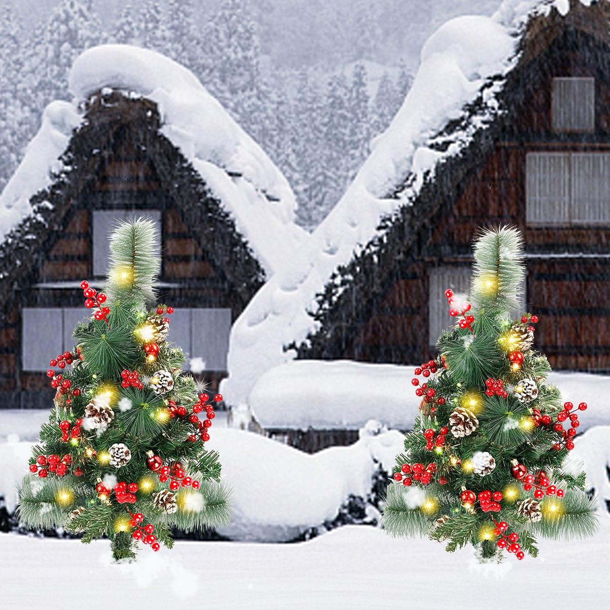 Lulu Home 2 Pack 2 Ft Pre-Lit Pathway Christmas Trees with Stake, Battery Operated 60 LED Lighted Small Christmas Trees Yard Stake Outdoor Decoration with Red Berries, Red Balls, Pine Cones - imagen de detalle 5