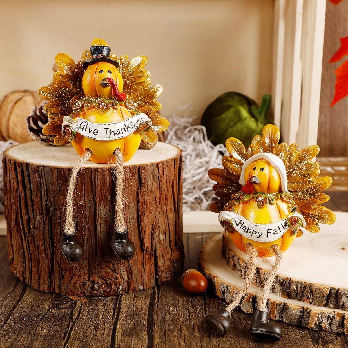 Lulu Home Thanksgiving Turkey Figurines, Set of 2 Resin Turkey Shelf Sitters with Dangling Legs, Give Thanks Happy Fall Harvest Sculpture for Window Sill Kitchen Tabletop Autumn Home Decor - imagem de detalhe 3