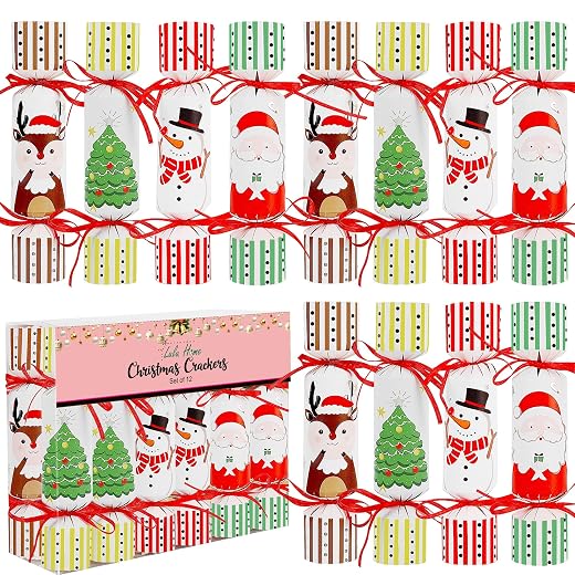 Lulu Home 12 Pack No-Snap Christmas Crackers Set, Party Favors with Hats, Jokes & Small Gifts for Xmas Holiday Dinner Table Decorations and Supplies, Each 6.5" H x 1.4" Dia
