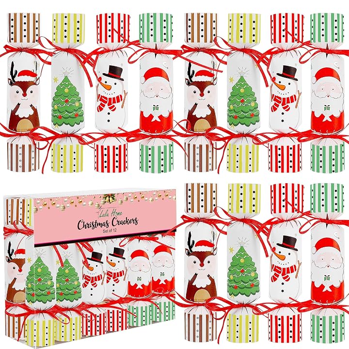 Lulu Home 12 Pack No-Snap Christmas Crackers Set, Party Favors with Hats, Jokes & Small Gifts for Xmas Holiday Dinner Table Decorations and Supplies, Each 6.5" H x 1.4" Dia