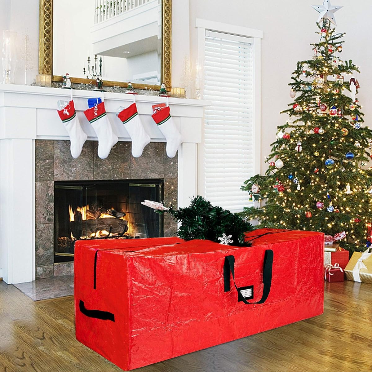 Lulu Home Christmas Tree Storage Bag, Polyester Artificial Tree Storage Bag with Dual Zippers and Sturdy Handles, PEORTABLE Waterproof for Easy Xmas Tree Storage (Red, XL: 65x30x15 inch) - imagem de detalhe 6