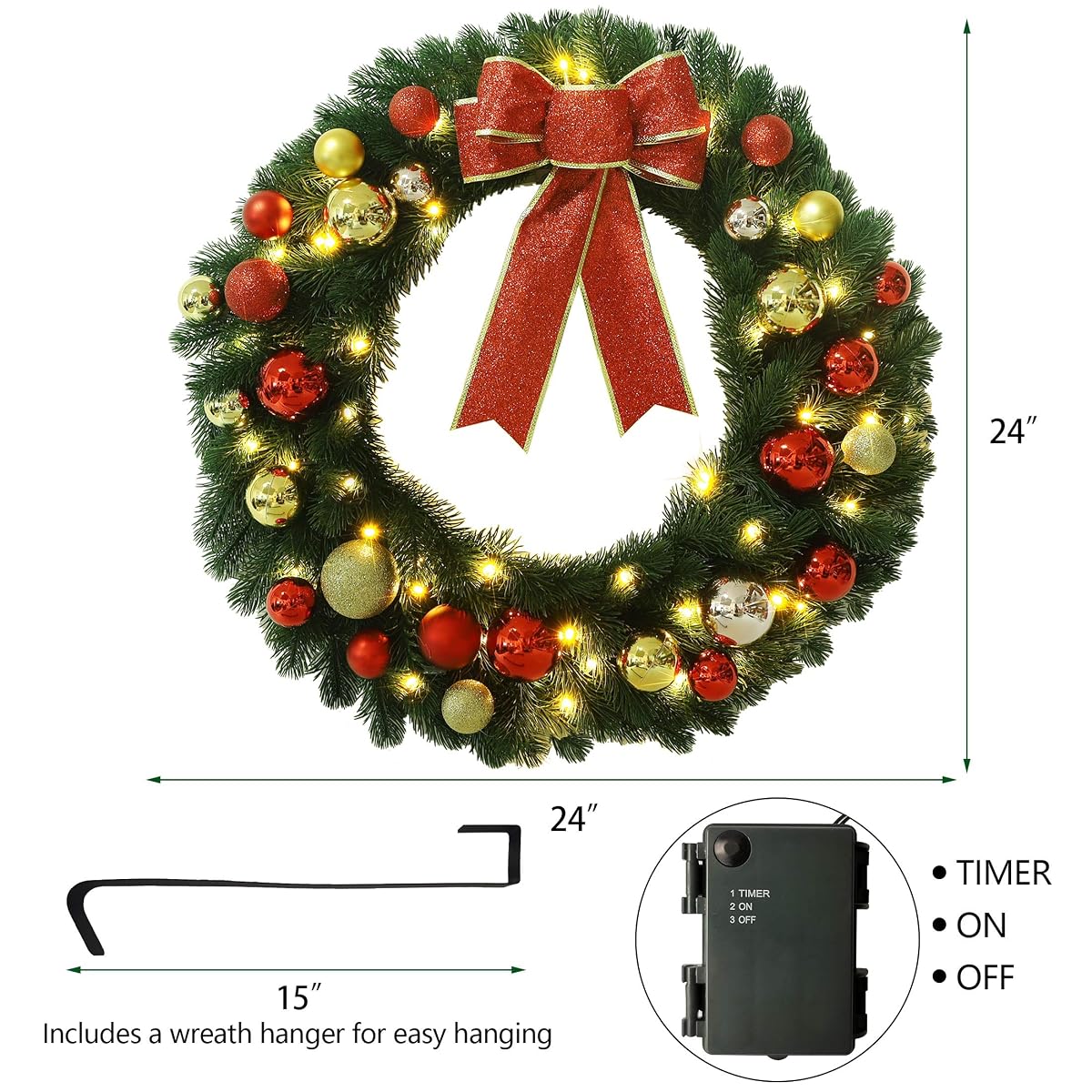 Lulu Home 24 Inch Pre-lit Christmas Wreath with Hook, Battery Operated Christmas Wreath Decorative Christmas Balls Hanging Ornament, Artificial Door Wreath 60 Clear LED Lights with Timer - detail image 1