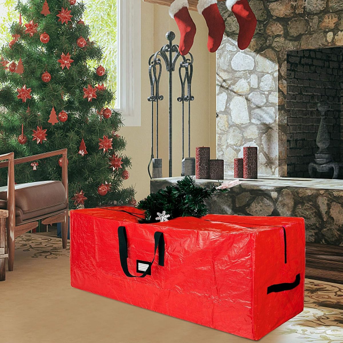 Lulu Home Christmas Tree Storage Bag, Polyester Artificial Tree Storage Bag with Dual Zippers and Sturdy Handles, PEORTABLE Waterproof for Easy Xmas Tree Storage (Red, XL: 65x30x15 inch) - imagem de detalhe 5
