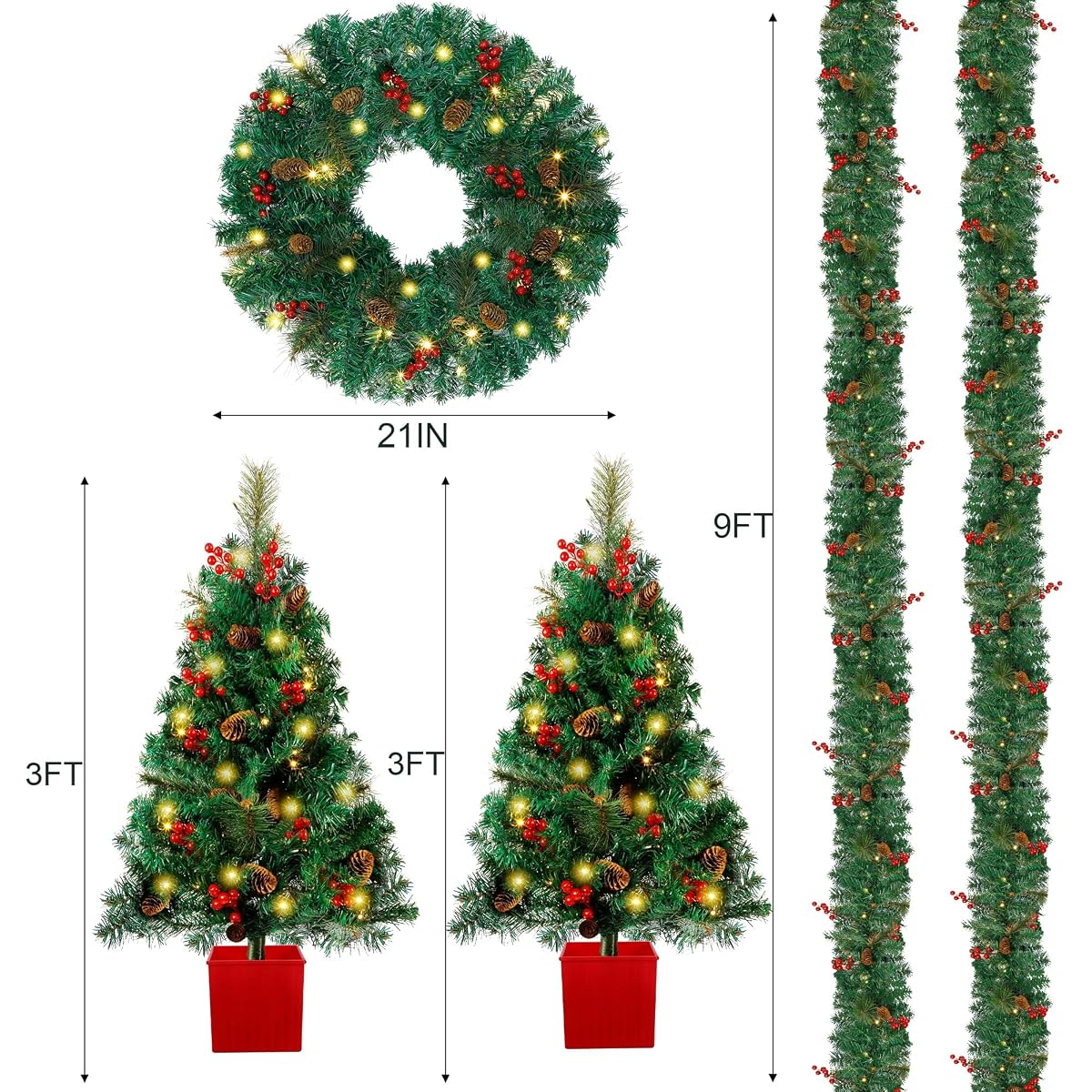 Lulu Home 4 Piece Christmas Decorations, Pre-Lit 2 Pack 3' Christmas Tree 24" Wreath and 8.9' Garland, Artificial Christmas Decorative Set for Indoor Outdoor Xmas Decoration - imagem de detalhe 2