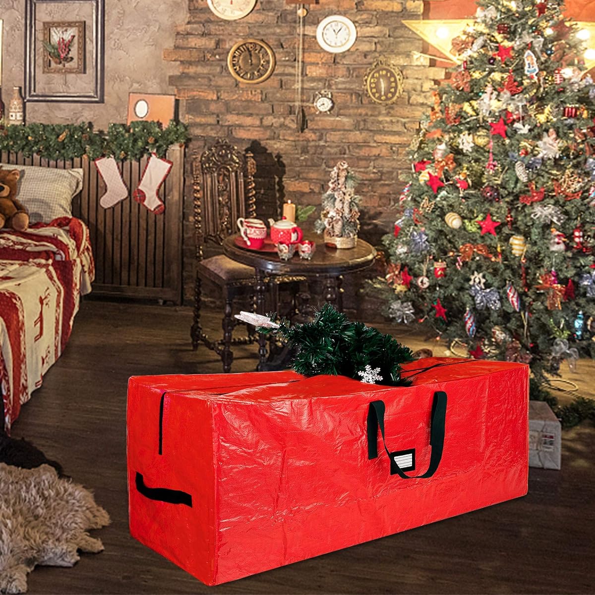 Lulu Home 50" L x 20" W x 15" H Christmas Tree Storage Bag, Red Polyester Artificial Tree Storage Bag with Dual Zippers and Sturdy Handles, Portable Waterproof for Easy Xmas Tree Storage - detail image 6