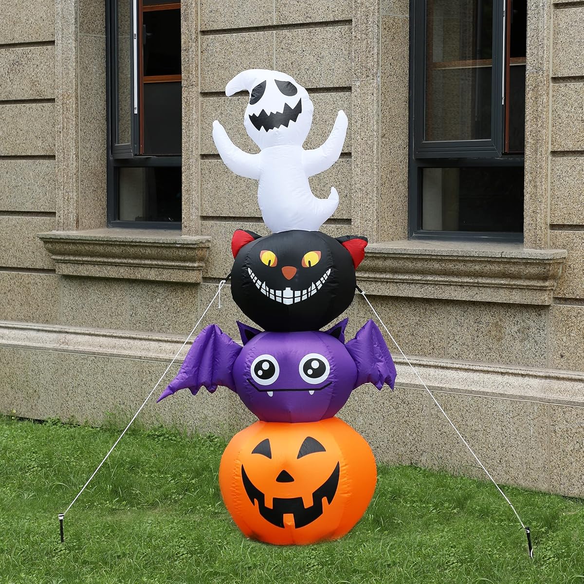 Joliyoou Halloween Blow Up Yard Decoration, 6 FT LED Lighted Inflatable Halloween Stacked Ghost Black Cat Bat Pumpkin, Inflatable Holiday Yard Lawn Garden Decorations for Indoor and Outdoor - imagen de detalle 6