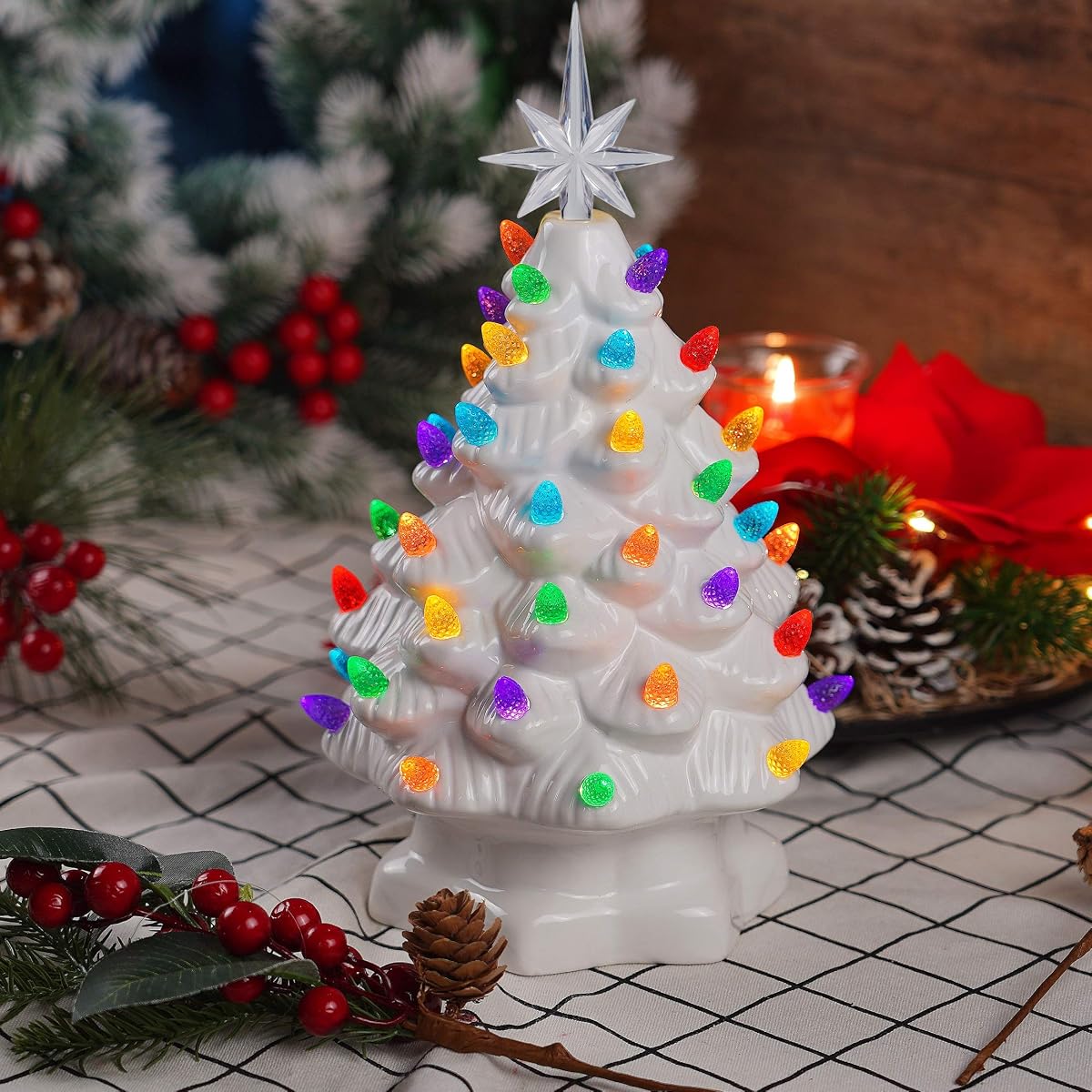 Lulu Home Ceramic Christmas Tree, 10 Inch LED Light Up Ceramic Tabletop Christmas Tree with 54 Multicolored Lights and a 7 Point Star Topper, White Mini Vintage Lighted Ceramic Tree for Tabletop - detail image 2