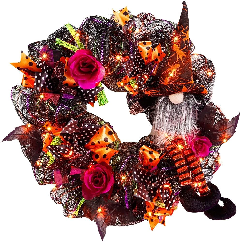 Lulu Home Halloween Wreath, 30 LED Orange Lighted Front Door Wreath with Gnome Mesh Decor, Battery Operated Halloween Wired Ribbon Wreath Artificial Door Wreath Hanging Ornament, NOT PRELIT