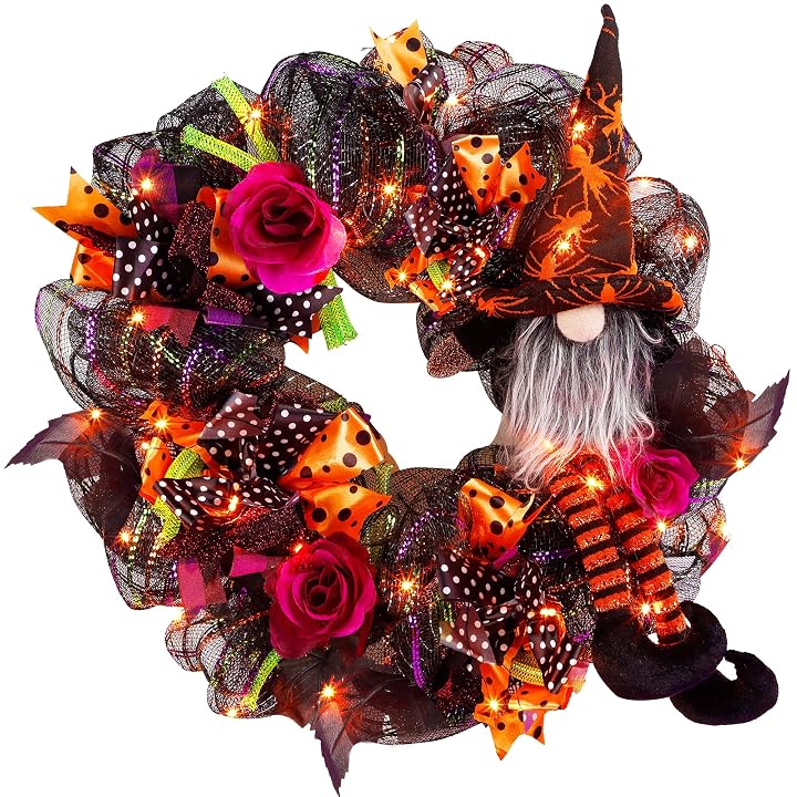 Lulu Home Halloween Wreath, 30 LED Orange Lighted Front Door Wreath with Gnome Mesh Decor, Battery Operated Halloween Wired Ribbon Wreath Artificial Door Wreath Hanging Ornament, NOT PRELIT