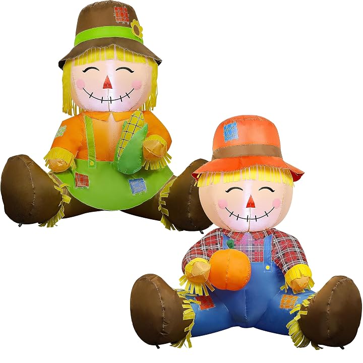Lulu Home 3.3FT Fall Inflatable Decoration, Set of 2 Air Blown Scarecrow Couples with Built-in LED Lights for Harvest Indoor Outdoor Front Door Yard Lawn Garden Thanksgiving Decor