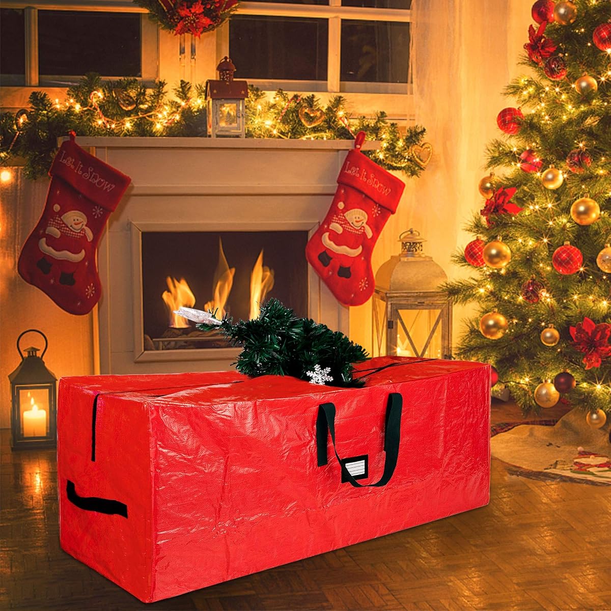 Lulu Home Christmas Tree Storage Bag, Polyester Artificial Tree Storage Bag with Dual Zippers and Sturdy Handles, PEORTABLE Waterproof for Easy Xmas Tree Storage (Red, XL: 65x30x15 inch) - imagem de detalhe 4