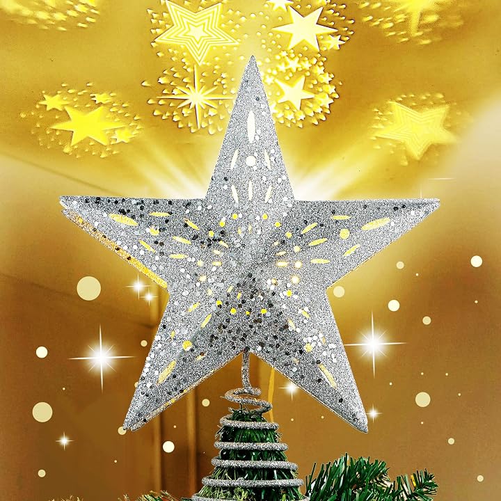 Lulu Home Christmas Tree Topper with Projector, 3D Hollow Glittered Metal Tree Topper with Rotating Star Projection, Plug-In Led Lighted Xmas Tree Star Topper for Christmas Decoration, 12 Inch, Silver