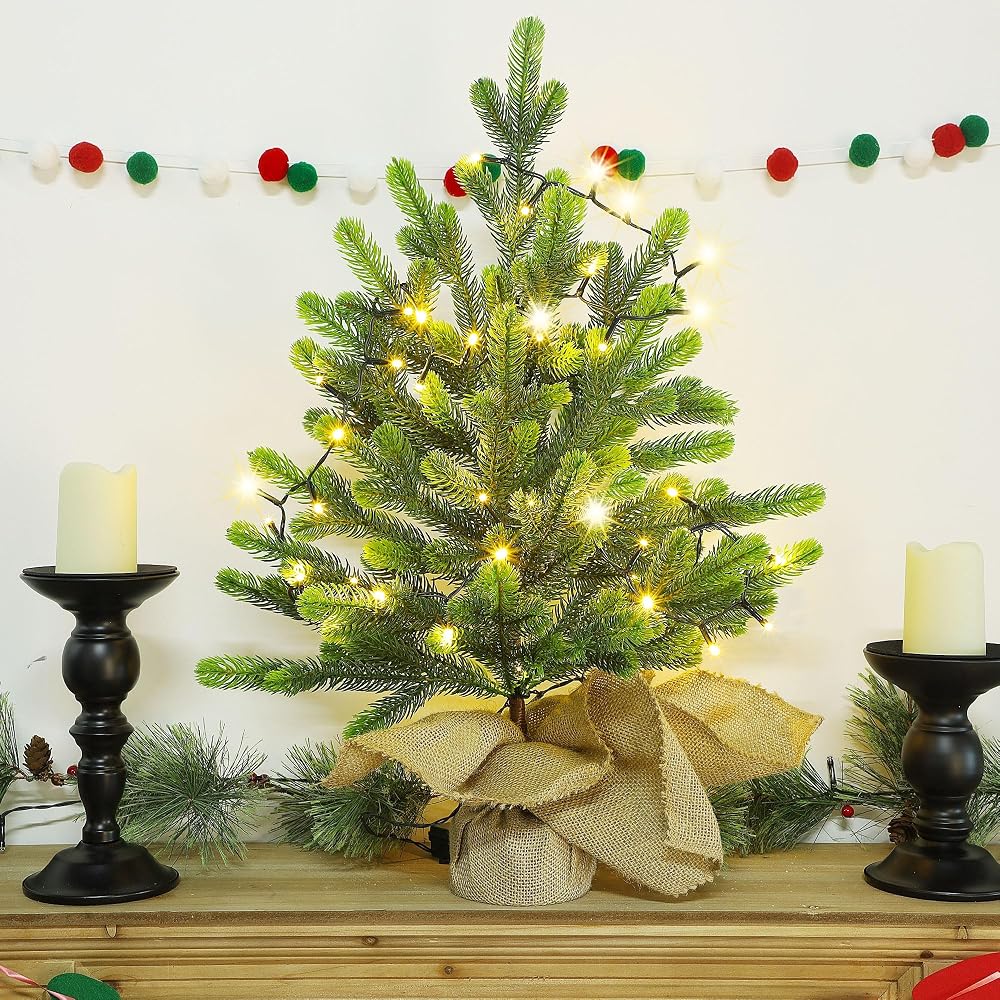 Lulu Home 2 FT Pre-lit Artificial Mini Christmas Tree, 24 Inch Tabletop Battery Operated Norfolk Pine Tree with 50 LED Lights and Burlap Wrap Base for Christmas, Spring Decor (1)