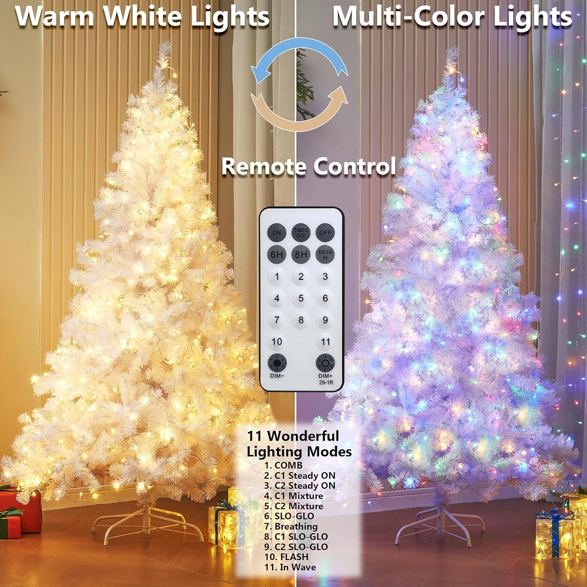 Lulu Home 6FT Christmas Tree, Artificial Christmas Tree with RC 300 LEDs Warm White & Multicolored String Lights(NOT Pre-Strung) for Indoor Outdoor Winter Decoration, 11 Lighting Modes with Timer - 细节图 3