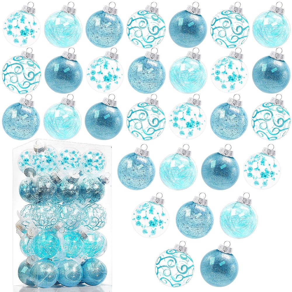 Lulu Home 30ct 2.36" Clear Christmas Ball Ornaments, Pre-Strung Transparent Balls with Unique Decorations Inside, Shatterproof Plastic Balls for Xmas Party Wreath Garlands Trees, Light Blue