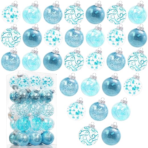 Lulu Home 30ct 2.36" Clear Christmas Ball Ornaments, Pre-Strung Transparent Balls with Unique Decorations Inside, Shatterproof Plastic Balls for Xmas Party Wreath Garlands Trees, Light Blue