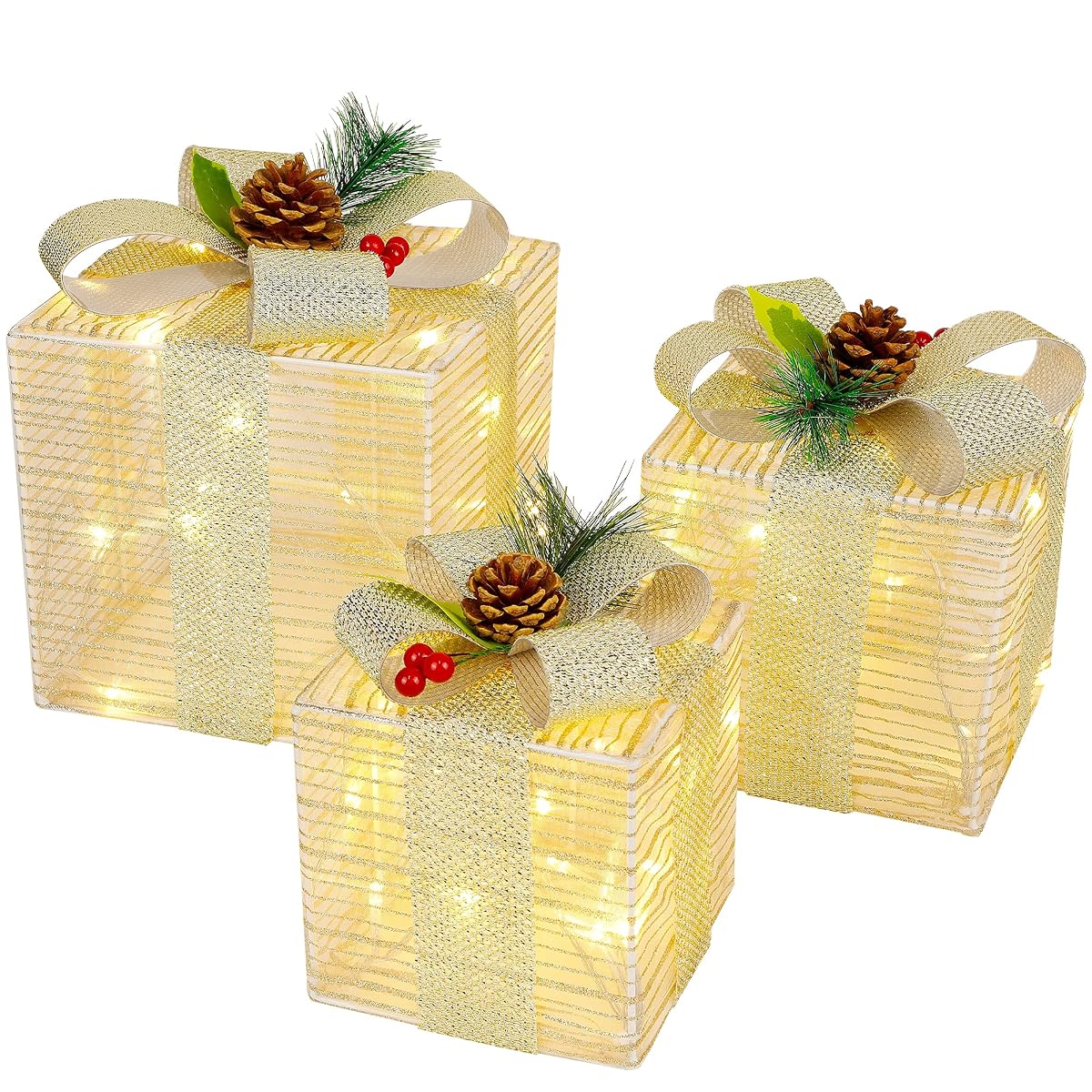 Lulu Home Set of 3 Lighted Christmas Boxes, 60 LEDs Light Up Ornaments with Bowknots, Plug-in Xmas Boxes for Christmas Trees Holiday Party Indoor Outdoor Decorations - detail image 5