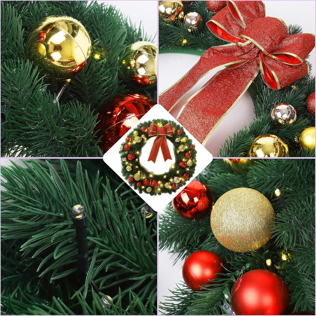 Lulu Home 24 Inch Pre-lit Christmas Wreath with Hook, Battery Operated Christmas Wreath Decorative Christmas Balls Hanging Ornament, Artificial Door Wreath 60 Clear LED Lights with Timer - detail image 4
