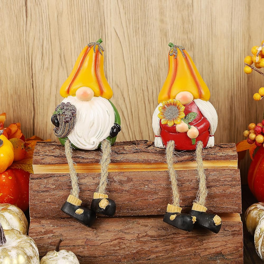 Lulu Home Thanksgiving Figurines, 2 Pack Resin Gnome Shelf Sitters with Dangling Legs, Grape Sunflower Pumpkin Harvest Sculpture for Window Sill Kitchen Tabletop Autumn Home Decor