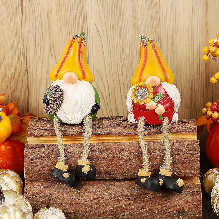 Lulu Home Thanksgiving Figurines, 2 Pack Resin Gnome Shelf Sitters with Dangling Legs, Grape Sunflower Pumpkin Harvest Sculpture for Window Sill Kitchen Tabletop Autumn Home Decor