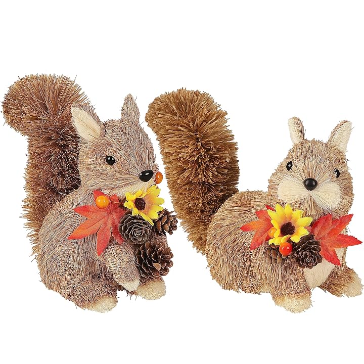 Lulu Home 2 Packs Squirrel Figurines, Handmade Straw-Woven Sitting Squirrel Tabletop Ornaments with Maple Leaves Pine Cones for Thanksgiving Day Fall Harvest Indoor Home Decor