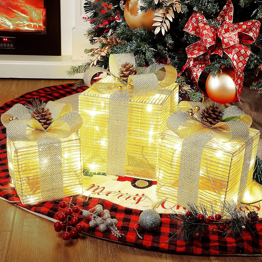 Lulu Home Set of 3 Lighted Christmas Boxes, 60 LEDs Light Up Ornaments with Bowknots, Plug-in Xmas Boxes for Christmas Trees Holiday Party Indoor Outdoor Decorations