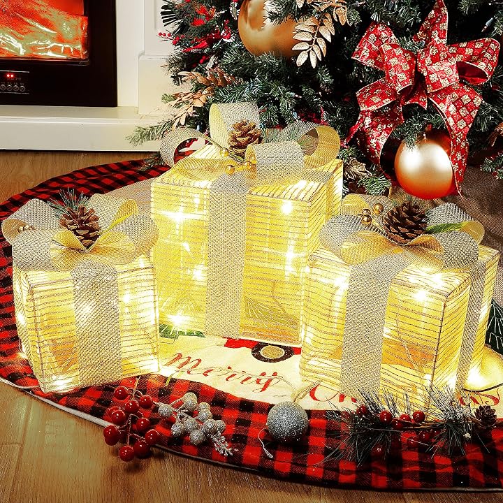 Lulu Home Set of 3 Lighted Christmas Boxes, 60 LEDs Light Up Ornaments with Bowknots, Plug-in Xmas Boxes for Christmas Trees Holiday Party Indoor Outdoor Decorations