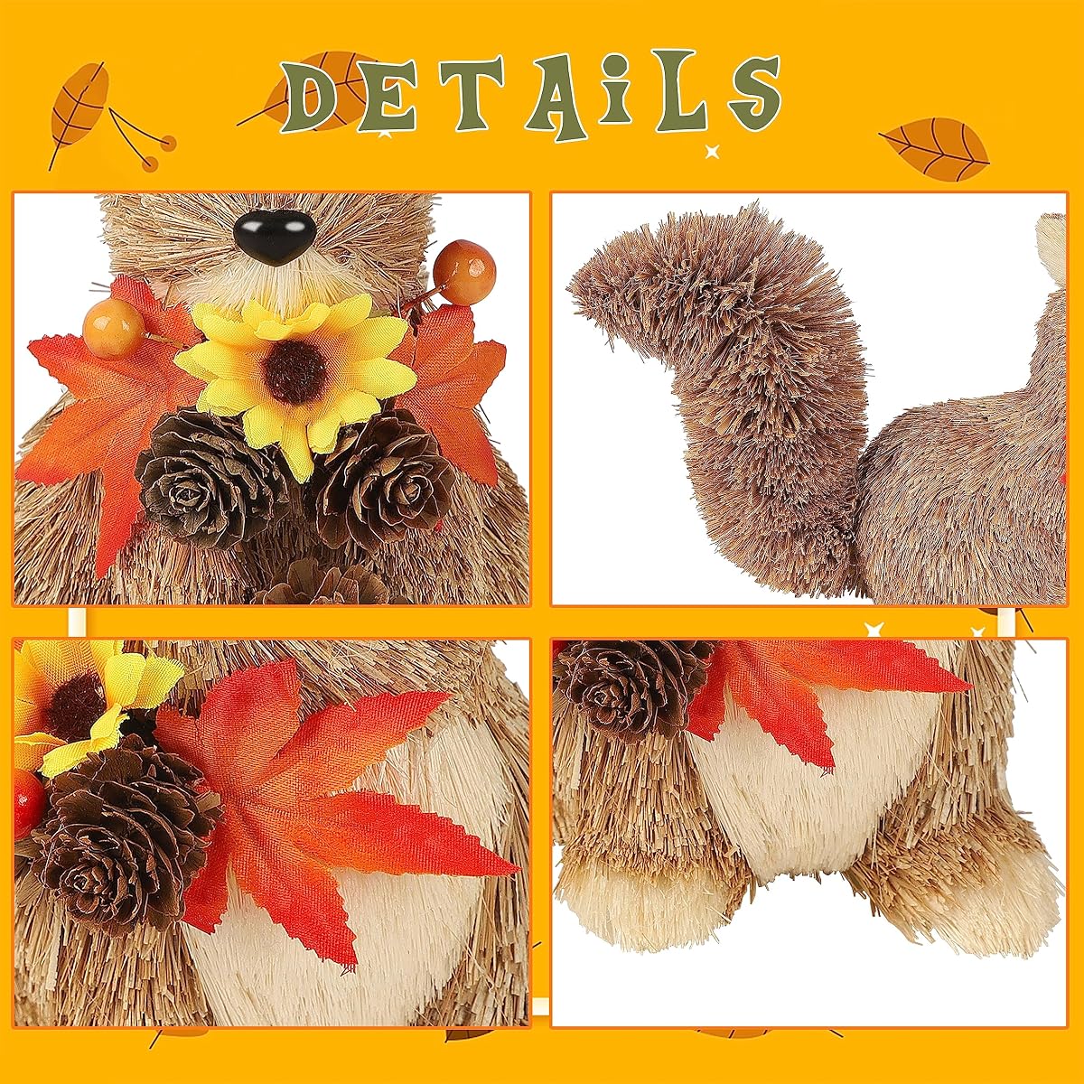 Lulu Home 2 Packs Squirrel Figurines, Handmade Straw-Woven Sitting Squirrel Tabletop Ornaments with Maple Leaves Pine Cones for Thanksgiving Day Fall Harvest Indoor Home Decor - imagem de detalhe 2