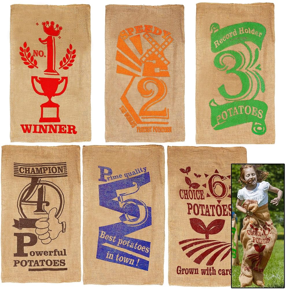 Lulu Home 6 Pack Burlap Bags, 38.4 x 24 Inch Jumping Race Bags for Outdoor Lawn Games, Easter Sack Racing Activities, Burlap Sack Race Bag Spring Outdoor Games for Kids