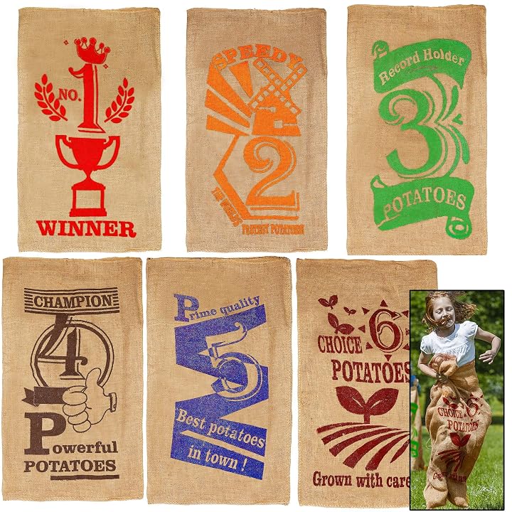 Lulu Home 6 Pack Burlap Bags, 38.4 x 24 Inch Jumping Race Bags for Outdoor Lawn Games, Easter Sack Racing Activities, Burlap Sack Race Bag Spring Outdoor Games for Kids