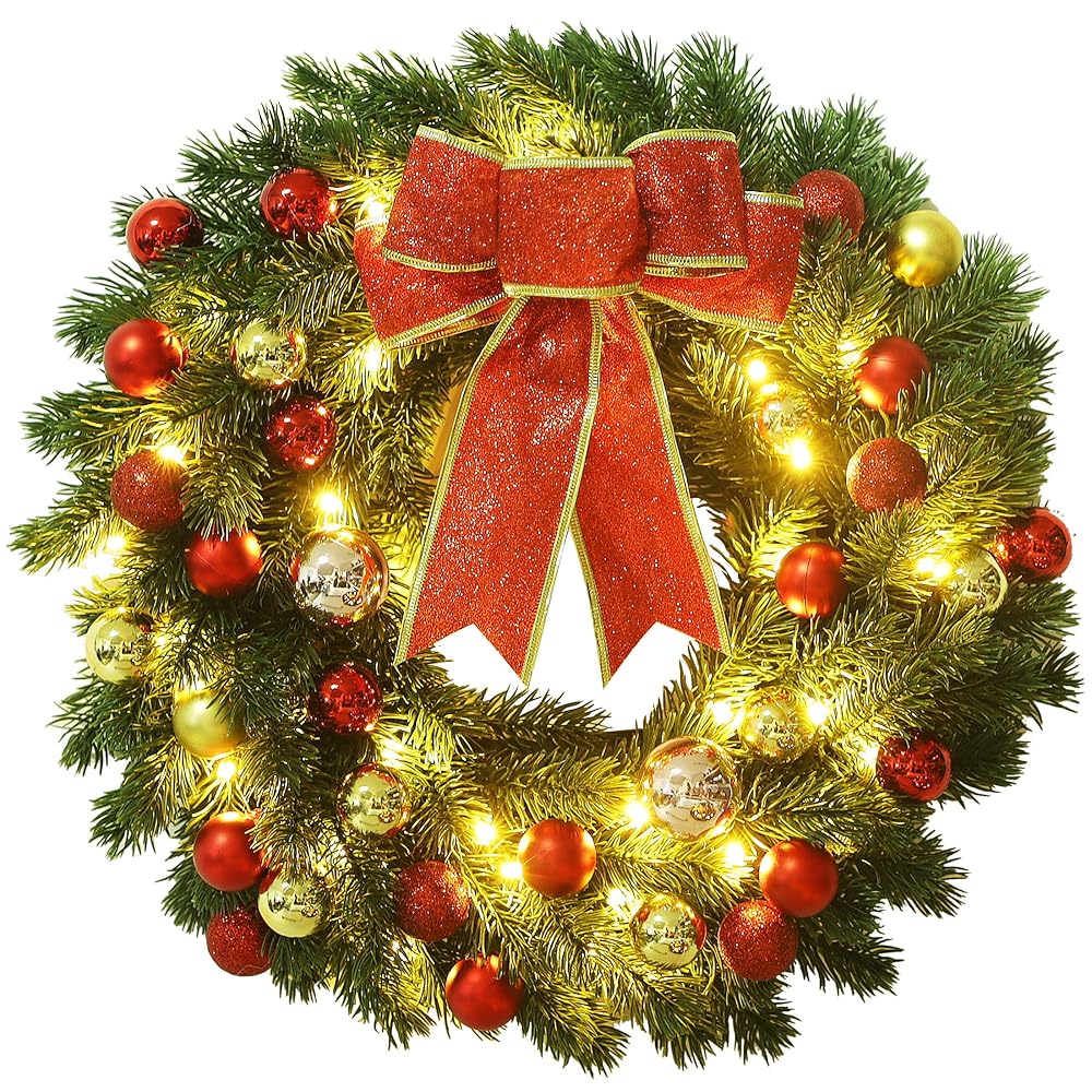 Lulu Home 16 Inch Pre-lit Christmas Wreath with Hook, Battery Operated Christmas Wreath Decorative Christmas Balls Hanging Ornament, Artificial Door Wreath 40 Clear LED Lights